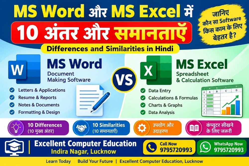 10 Differences and Similarities between Ms Word and Ms Excel in Hindi?