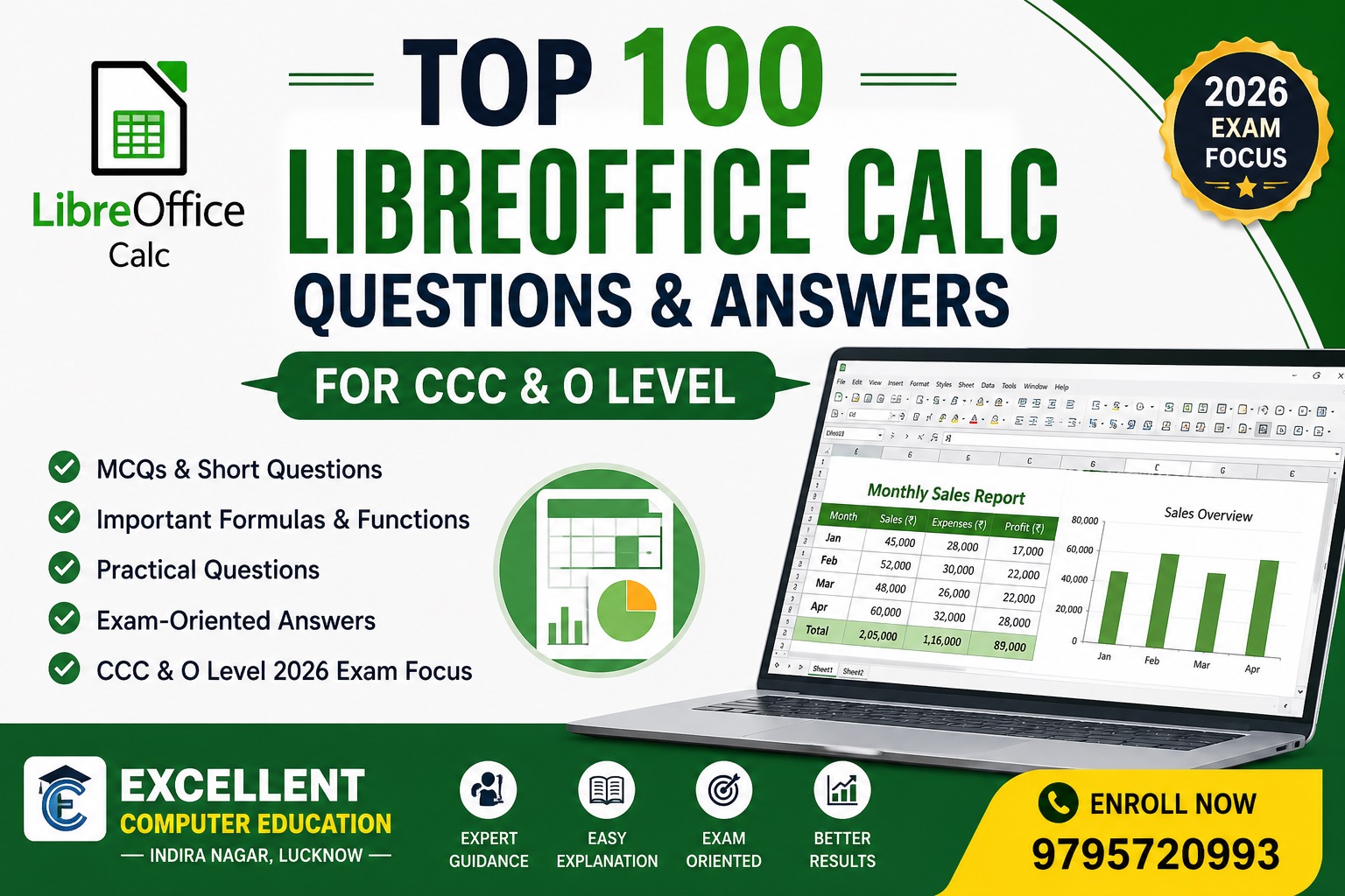 Top 100 LibreOffice Calc Questions and Answers for CCC & O Level 2026